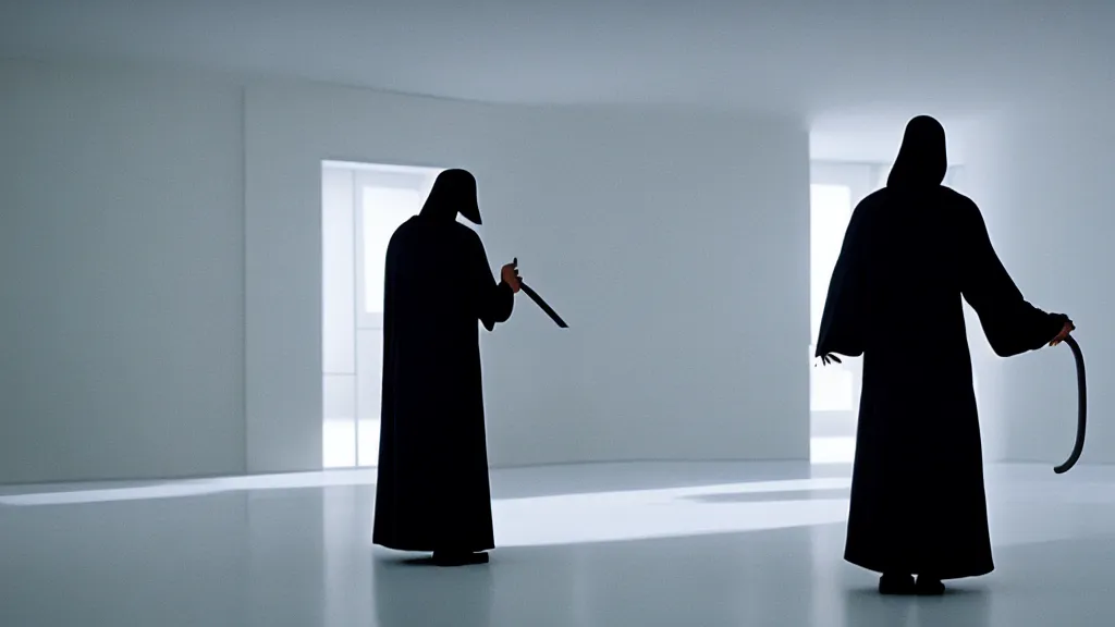 Prompt: grim reaper in a white empty room, film still from the movie directed by Denis Villeneuve with art direction by Salvador Dalí, wide lens