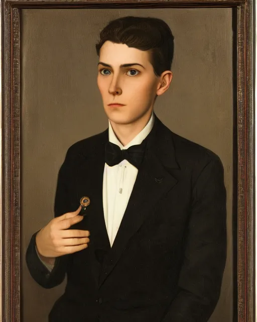 Image similar to portrait of young man wearing black medical mask, suit and tie, style of james c. christensen