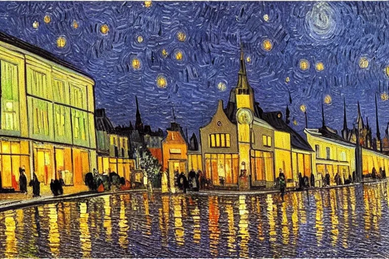 Prompt: oil painting of modern Eindhoven city by night, painted by Vincent van Gogh