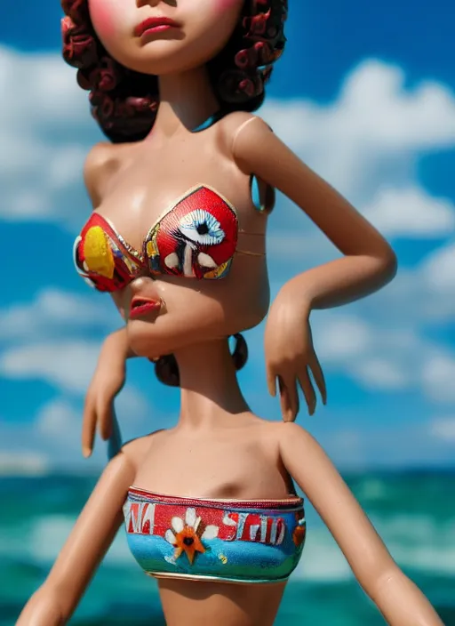 Image similar to closeup profile portrait of tin toy bikini girl surf sand, depth of field, zeiss lens, detailed, symmetrical, centered, fashion photoshoot, by nicoletta ceccoli, mark ryden, lostfish, breathtaking, 8 k resolution, extremely detailed, beautiful, establishing shot, artistic, hyperrealistic, octane render