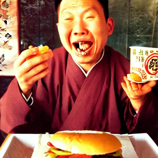 Image similar to a photo of a ecstatic man from qing empire eating a hamburger, award winning photo, high quality