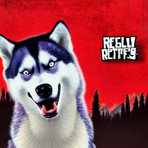 Image similar to a husky wearing a red shirt in the style of the red dead redemption 2 cover art