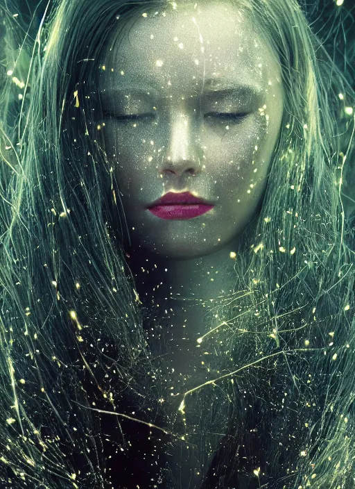 Image similar to glowing silver and golden elements, full close-up portrait, young female model from shutterstock as a dark witch, book cover, green forest, white moon, red lips, establishing shot, extremly high detail, photo-realistic, cinematic lighting, pen and ink, intricate line drawings, by Yoshitaka Amano, Ruan Jia, Kentaro Miura, Artgerm, post processed, concept art, artstation, matte painting, style by eddie, raphael lacoste, alex ross