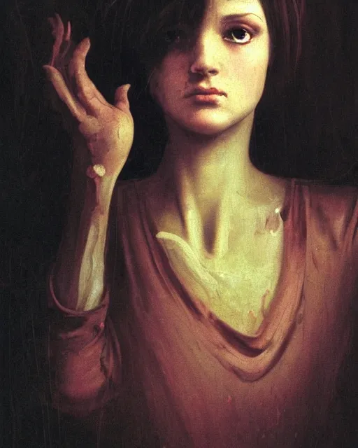 Image similar to a baroque painting of a beautiful but creepy girl in layers of fear, with haunted eyes and dark hair piled on her head, 1 9 7 0 s, seventies, wallpaper, a little blood, morning light showing injuries, delicate embellishments, painterly, offset printing technique, by brom, moebius, robert henri, walter popp