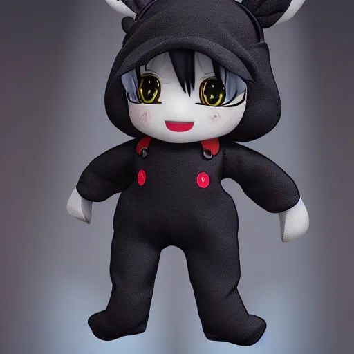 Prompt: cute fumo plush of an alien girl inoveralls black, three point lighting, color contrast, vray