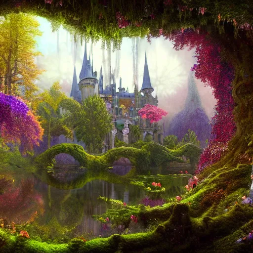Prompt: a beautiful and highly detailed matte painting of a beautiful castle in a magical fantasy forest garden, colorful flowers and trees, psychedelic vegetation, epic scale, insanely complex, hyperdetailed, sharp focus, hyperrealism, artstation, cgsociety, 8 k, bright colors, by caspar friedrich, albert bierstadt, james gurney, brian froud,