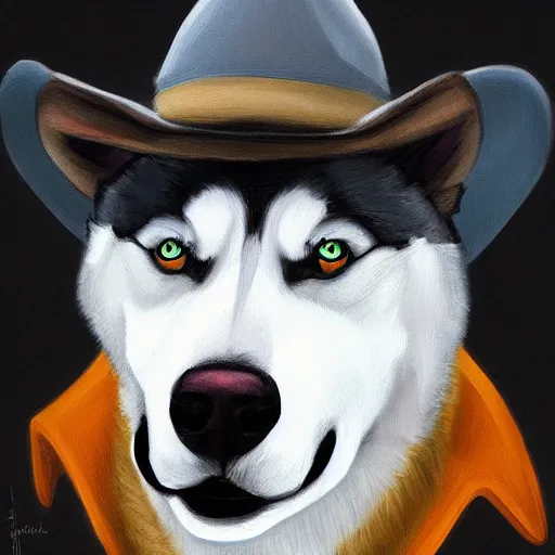 Prompt: a portrait painting of a husky in cowboy costume, wearing a cowboy hat, in the style of anime, humanoid, personify, anthropomorphic, trending on artstation