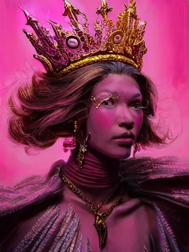 Prompt: pink portrait of beautiful female angel queen Zendaya head wearing shiny pink crown, subtle purple accents, hyper details, black metal rococo, sculpted by Alex Alice, Craig Mullins, yoji shinkawa, trending on artstation, beautifully lit, Peter mohrbacher, hyper detailed, insane details, intricate, elite, elegant, luxury, ray of light through smoke, CGsociety, hypermaximalist, golden ratio, volumetric, octane render, weta digital, micro details, 3d sculpture