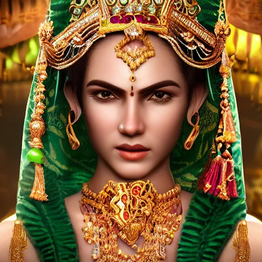 Image similar to photograph of wonderful princess with smooth fair skin, indian, green jewelry, breathtaking, elegant, ornate, intricate, hyper detailed, accent lighting, dramatic light, 4 k octane render