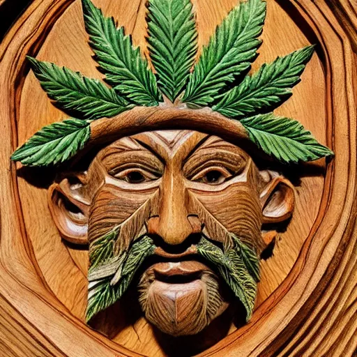 Image similar to deeply carved and stained, highly detailed wood carving depicting the face of the marijuana green man, as if made of obvious cannabis fan leaves, resting in a bed of real cannabis leaves