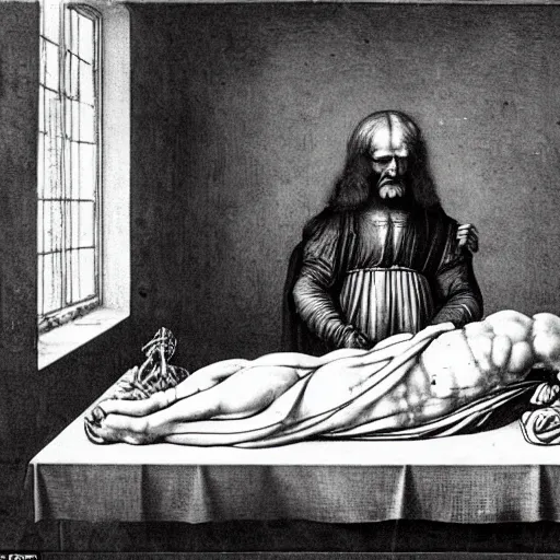 Image similar to a wider shot of the morgue. leonardo da vinci, in his late 3 0 ’ s, sits alone. he has parchment and a pen, and is sketching the human heart. in the background – past the heart – we see its occupant, a corpse