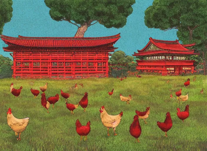 Image similar to big red and brown japanese fort in a meadow with chickens by studio ghibli painting