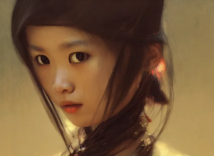 Image similar to top angle view, wide lens of asian girl wearing traditional as, beautiful concept painting by caravaggio, ruan jia, jakub rebelka, artgerm, greg rutkowski, edgar maxence