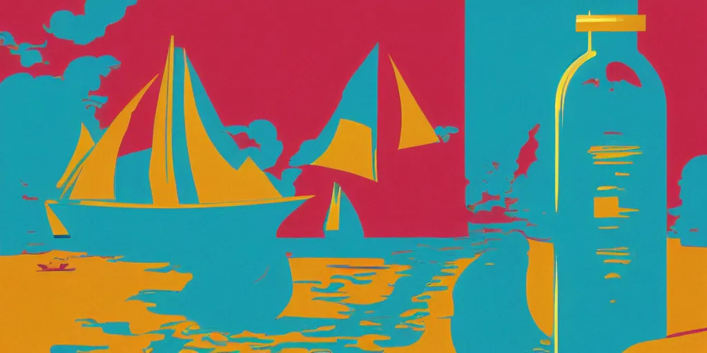 Image similar to ship in a bottle. illustration. multicolored. by tom whalen