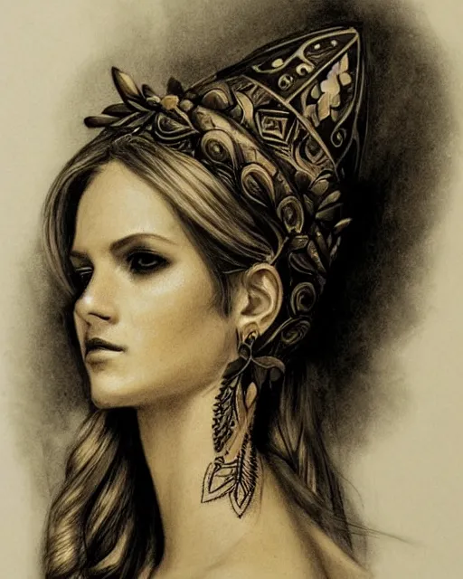 Image similar to realism tattoo sketch of a beautiful greek goddess aphrodite with piercing eyes wearing a laurel wreath and triangle earrings, in the style of greg rutkowski, amazing detail