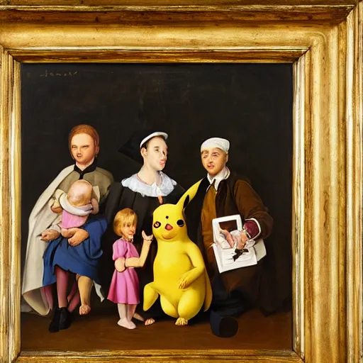 Prompt: A pikachu family portrait, Family portrait, guild commission, Florentine school, sfumato, still life, al fresco, oil on canvas, Artwork by Hubert van Eyck