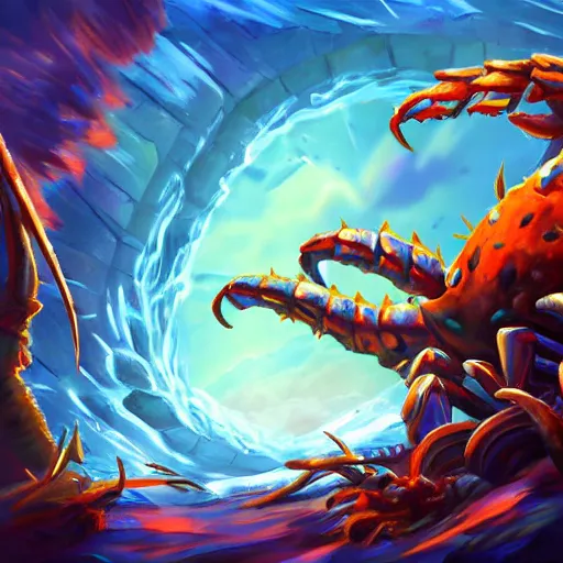 Image similar to blue giant (((((((crab monster)))))))) with giant crab claws, giant crab claws, giant crab claws, fantasy digital art, magical background in the style of hearthstone artwork