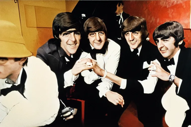 Image similar to james bond and the beatles, color photograph, 1 9 6 0 s