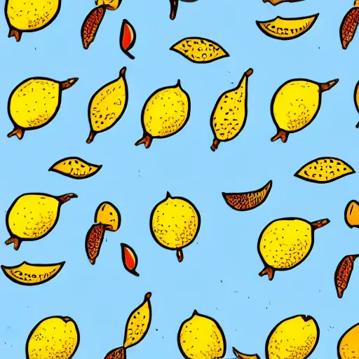 Image similar to An illustration of lemons with arms and legs dancing.