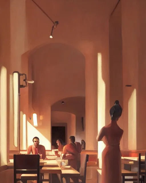 Prompt: restaurant from the 50's painted by George Tooker volumetric lighting, back lighting, rimlight, dramatic lighting, digital painting, highly detailed, artstation, sharp focus, illustration, Artgerm, Jean-Léon Gérôme , ruan jia