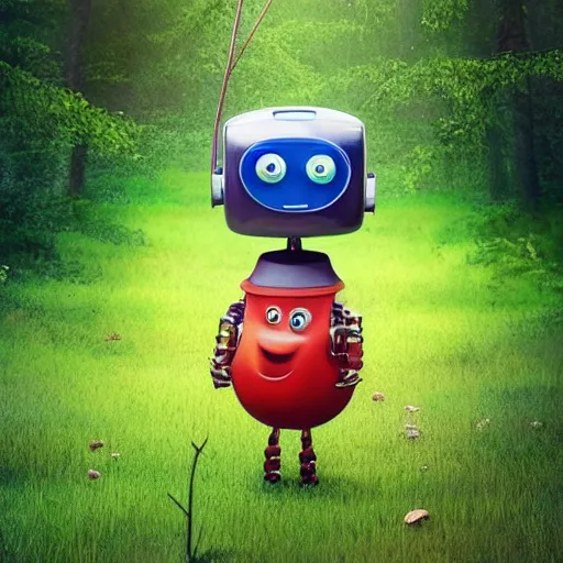 Prompt: cute robot with grass hair, tomato hat and a walking stick, trekking in a forest, pixar art style