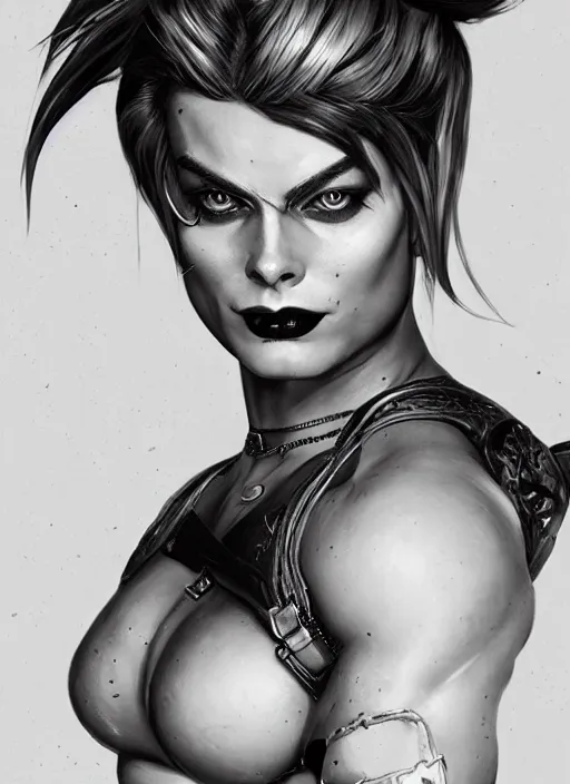 Image similar to detailed portrait of margot robbie as a thick female bodybuilder goth zarya from overwatch, attractive, beautiful, fantasy, intricate, elegant, highly detailed, digital painting, artstation, concept art, matte, sharp focus, illustration, art by aenaluck, artgerm and roberto ferri and greg rutkowski, epic fantasy, digital painting