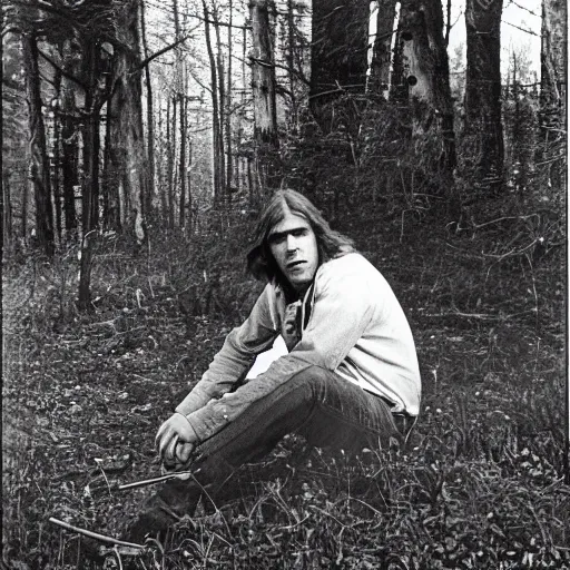 Prompt: A man with long hair smoking a cigarette, sitting casually on the hood of his car parked in the woods. He is wearing denim jeans and a denim coat. He is looking downward as he lights his cigarette with a match. Analog photgraph circa 1976