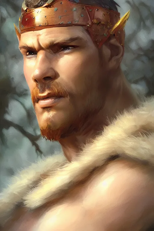 Image similar to dungeons and dragons warrior chief character closeup portrait, dramatic light, forest background, 2 0 0 mm focal length, painted by stanley lau, painted by greg rutkowski, painted by stanley artgerm, digital art, trending on artstation