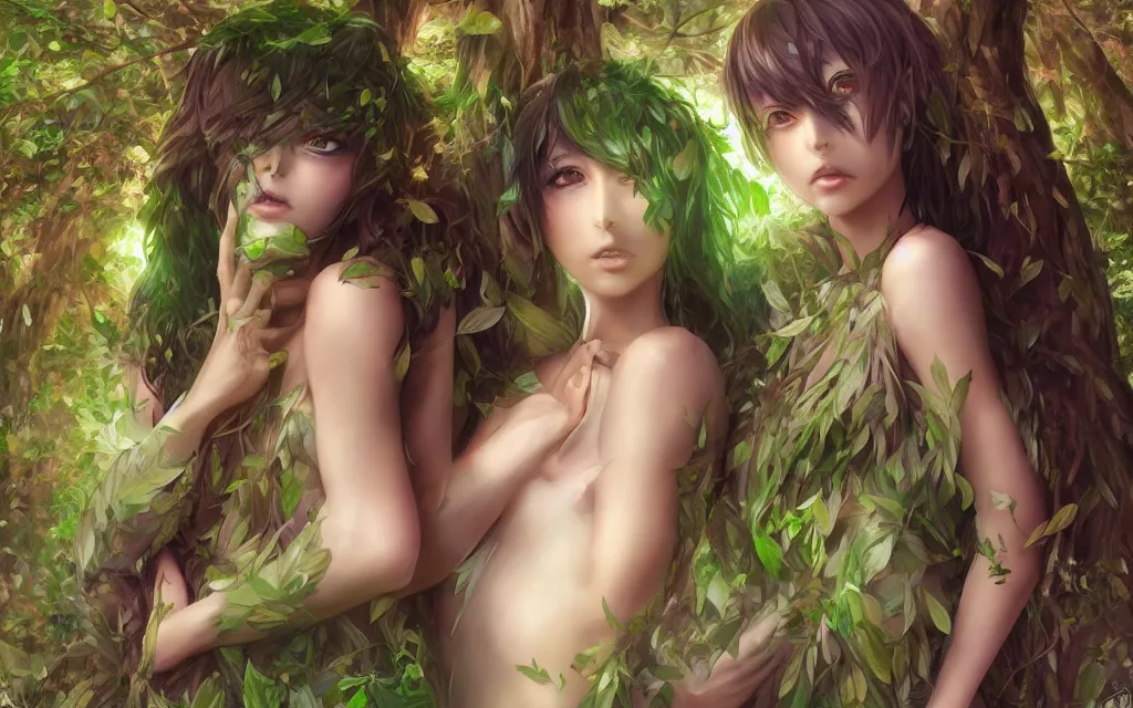 Image similar to A realistic anime portrait of a beautiful dryad twins with glowing green eyes and tree bark skin wearing clothes made of leaves, digital painting, by Stanley Artgerm Lau, Sakimichan, WLOP and Rossdraws, digtial painting, trending on ArtStation, SFW version