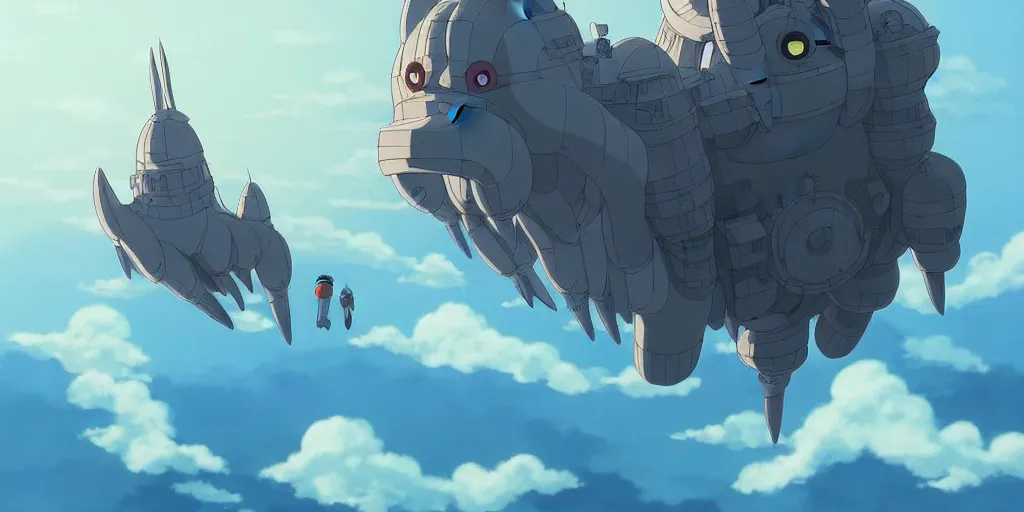 Prompt: a beautiful movie still in the style of Studio Ghibli anime showing a full shot of a giant scary alien flying over a city. Studio Ghibli, award-winning sci-fi, wide angle lens, trending on artstation, trending on behance