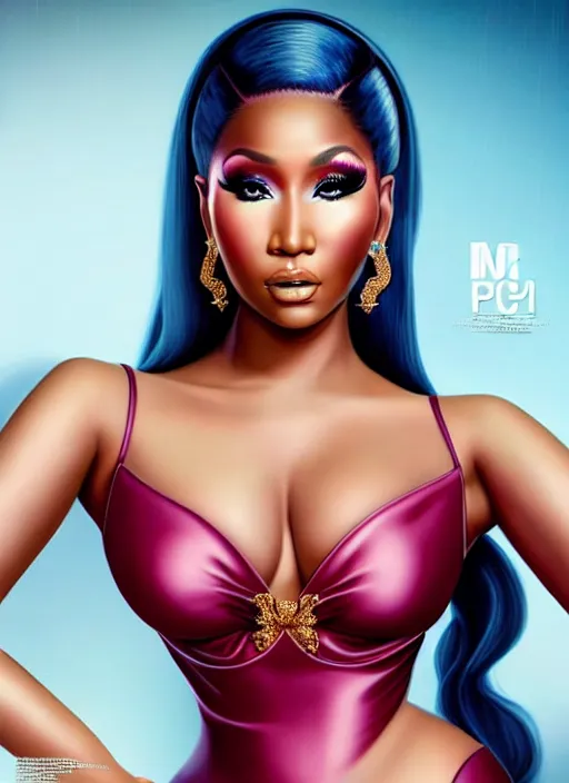 Image similar to a gorgeous rendition of nicki minaj, professionally retouched, soft lighting, realistic, smooth face, full body shot, torso, dress, perfect eyes, wide angle, sharp focus on eyes, 8 k high definition, insanely detailed, intricate, elegant, art by artgerm and jason chan and mark hill, safe for work