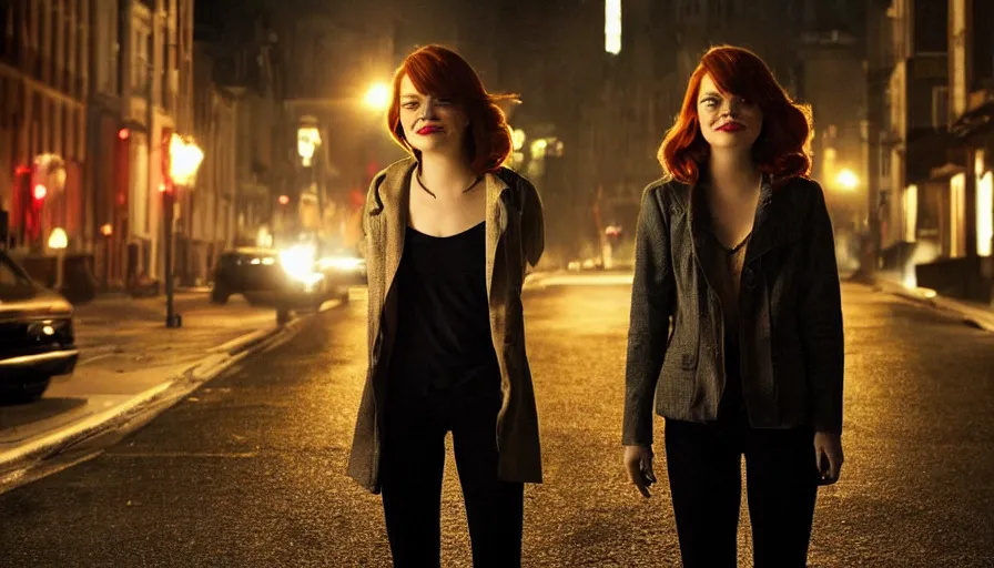 Prompt: charismatic emma stone is looking down a street at night, ambient lighting, cinematic, epic, demonic