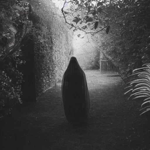 Image similar to gritty film photo of veiled figure walking through garden, black and white film photo, black and white picture, gain and film scratches, moody lighting, realistic, ultra fine details