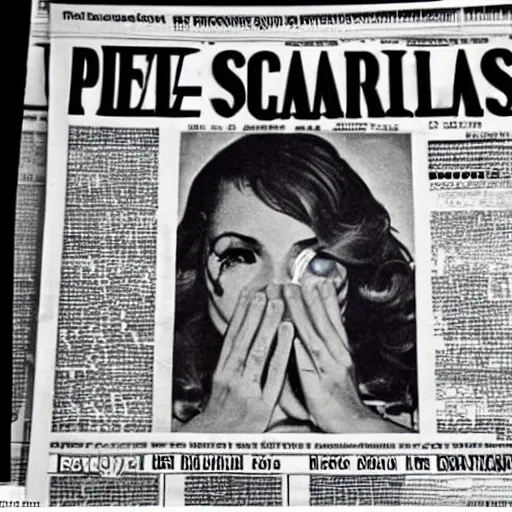 Image similar to front page of a French newspaper from 1977 with large headline declaring: Un scandale ! accompanied by a large photograph of brunette young beautiful fashionable slender pop star Daphne LaCroix covering her face from the flash of paparazzi bulbs