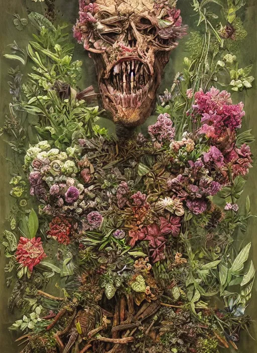 Image similar to a hyper detailed fine painting of a monster made of woods herbs flowers and plants, horror surrealism