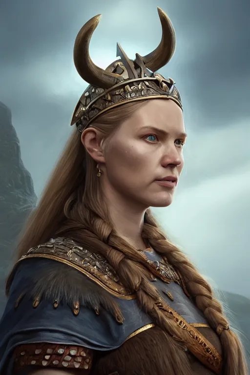 Image similar to Portrait of a Viking queen, wide angle, super highly detailed, professional digital painting, artstation, concept art, smooth, sharp focus, no blur, no dof, extreme illustration, Unreal Engine 5, Photorealism, HD quality, 8k resolution, cinema 4d, 3D, beautiful, cinematic, art by artgerm and greg rutkowski and alphonse mucha and loish and WLOP