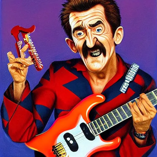 Image similar to Barry Chuckle Shredding on an electric guitar in the style of Jason Edmiston