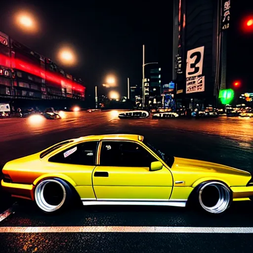 Image similar to a car S30 turbo drift at illegal car meet, shibuya prefecture, midnight mist streetlights, color grade, photorealistic, highly detailed wheels, highly detailed