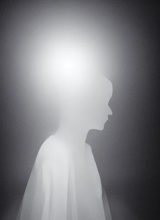 Prompt: a female silhouette, white glowing aura, diffraction grading, fog, film grain, cinematic lighting
