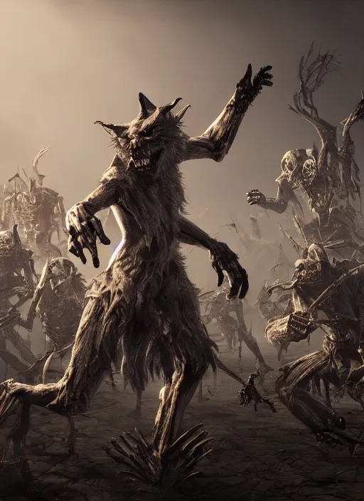 Image similar to werewolf fighting an endless army of skeletons, ultra detailed fantasy, elden ring, realistic, dnd, rpg, game design concept art, behance hd, artstation, deviantart, global illumination radiating a glowing aura global illumination ray tracing hdr render in unreal engine 5