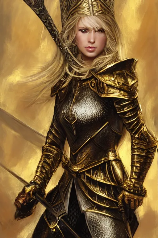 Prompt: Gorgeous Blond Lady Knight in an ornamental Gold and Black armor, straight hair, very detailed face, high fantasy, matte painting, by Frank Franzetta, trending on Artstation, trending on Deviantart, artstationHQ, cgscoiety, artstationHD, full color, ultra HD, 8k