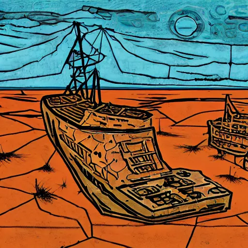 Image similar to a rusty abandoned ship on the aral sea desert, in the style of daniel johnston and outsider art, 8 k, line brush, muted, overlaid with cyrillic words, baselitz, german expressionist woodcut