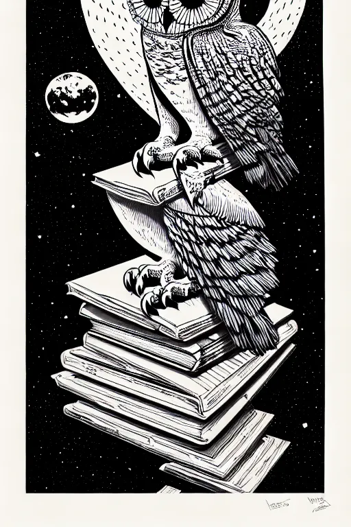 Image similar to side view of a majestic owl sitting on pile of books, high details, bold line art, by vincent di fate and joe fenton, inking, etching, screen print, masterpiece, trending on artstation, sharp, high contrast, hyper - detailed,, hd, 4 k, 8 k