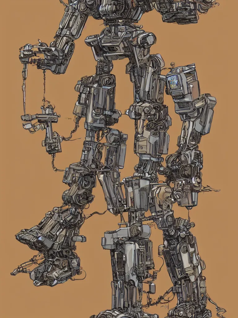 Prompt: bipedal mech inspired by a coffee maker, by jean giraud