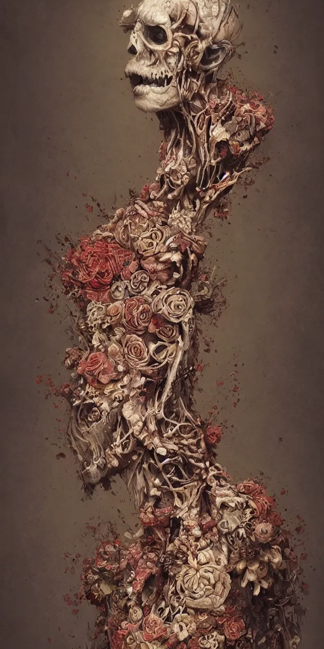 Prompt: a beautifully rendered portrait of an upright and fed up intricately hand - carved zombie wearing a floral embroidered blazer, by gerald brim and tom bagshaw and beksinski, trending on artstation, 8 k, full subject in frame, upright