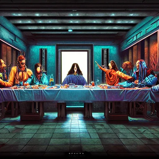 Image similar to the last supper, cyberpunk, futuristic, scify, insanely detailed, trending on artstation, dan mumford, houdini render, digital art