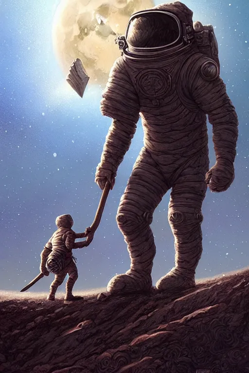 Prompt: Giant with an axe walking on the moon, fantasy, intricate, highly detailed, digital painting, HQ, trending on artstation, illustration, style of Stanley Artgerm and Greg Rutkowski and Dan Mumford