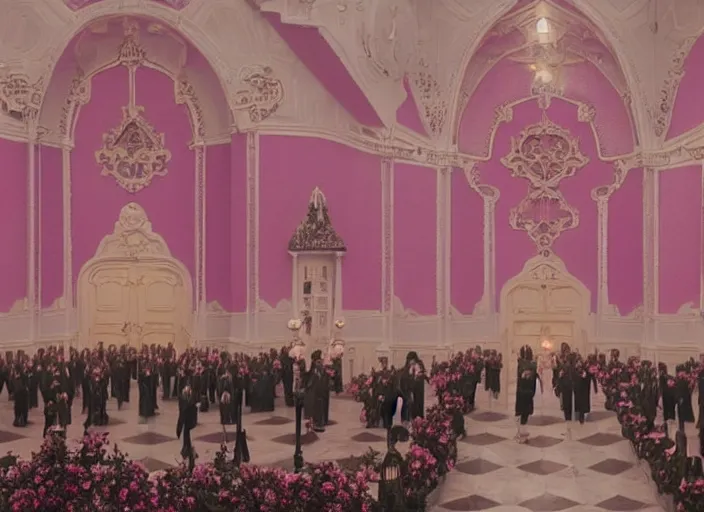 Image similar to a film still of a funeral in the grand budapest hotel ( 2 0 1 4 )
