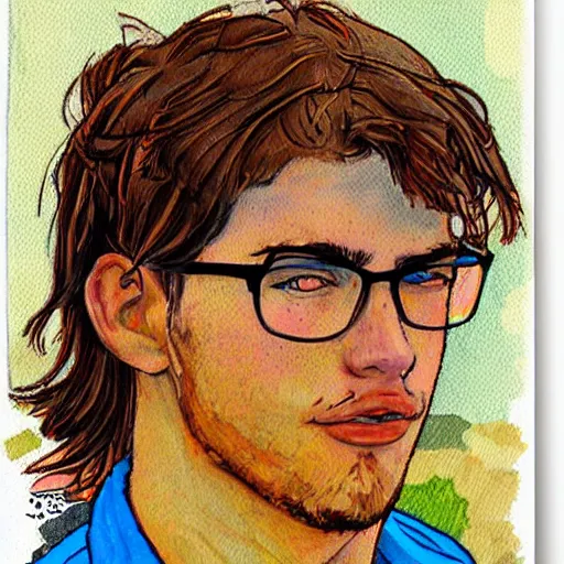 Image similar to a head - on comic - style colorful portrait of a 2 0 - something engineering student, brown messy hair, by laurie greasly