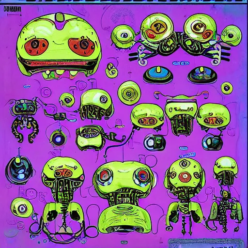 Prompt: official character sheets for an old dumbo squid biomech, digital 2 d screen smiley robot face, mechanical heart in center, covered in coral and barnacles, worn stickers, scratches, damage, art by tim schafer black velvetopia art for psychonauts from double fine studios, art by splatoon from nintendo, black light rave, adult character, apocalypse